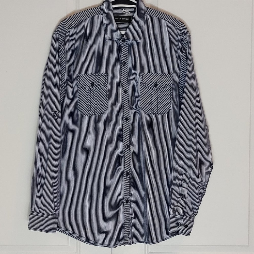 Michael Brandon Men's Sz Large Navy Blue Pin Stripe Casual Shirt Long Sleeve